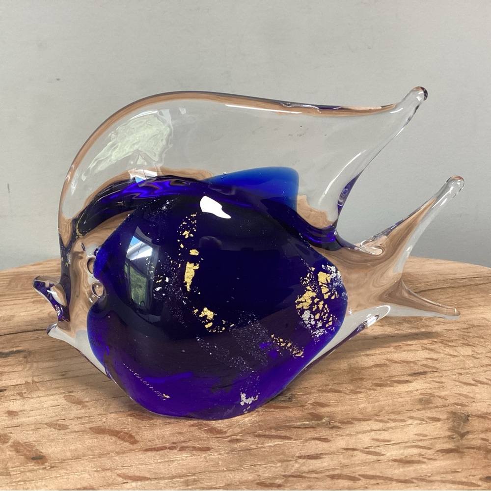 🔵 Vintage - Murano of Italy - Glass Blown Fish - Cobalt Blue w/ 24k Gold - Rare